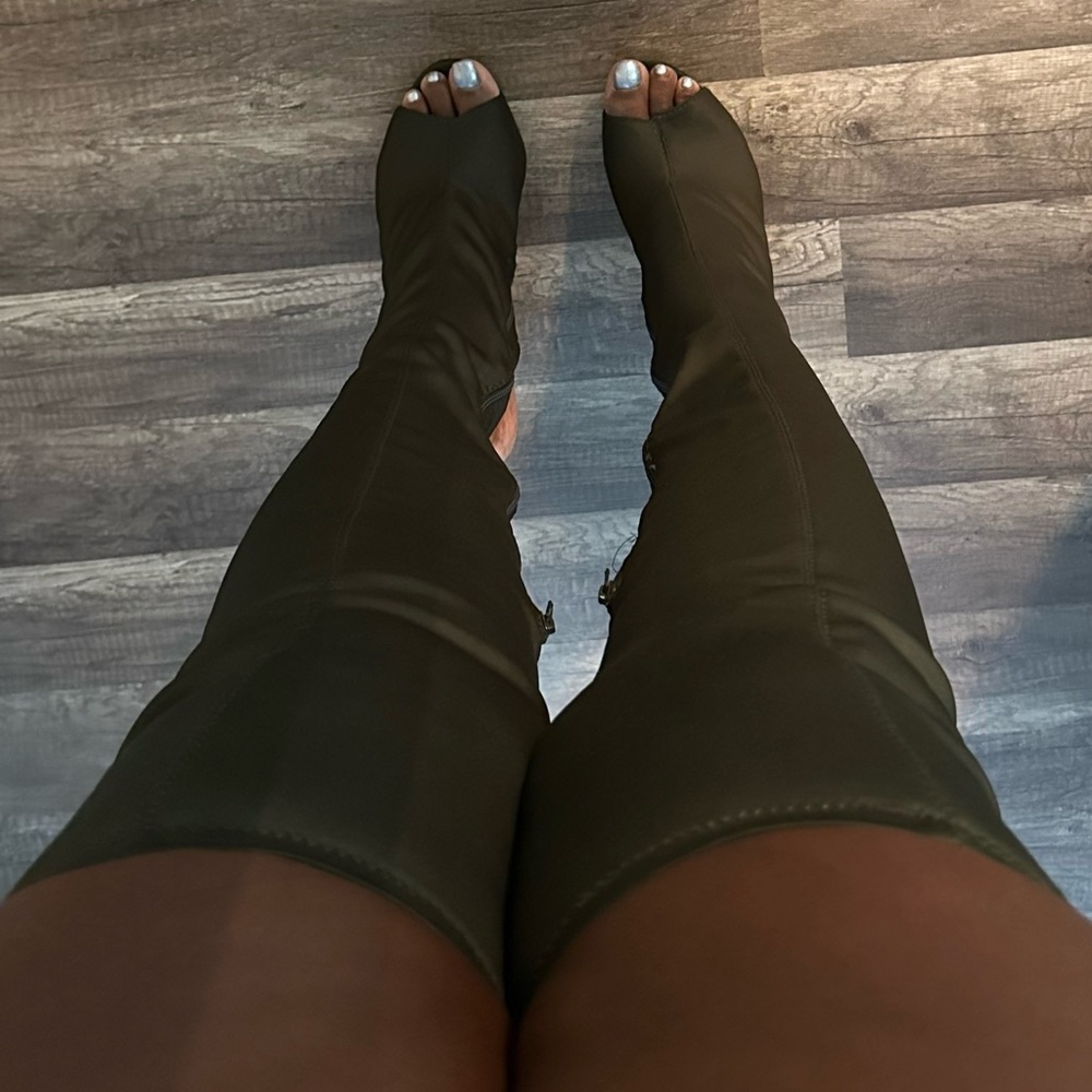Thigh high peel toe heels